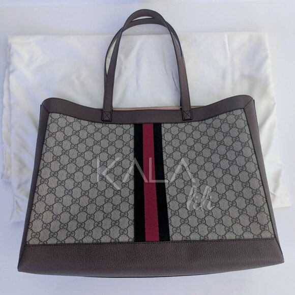 Gucci Ophidia Large Tote Bag in Beige and Dark Brown GG Supreme with Brown Trim - Picture 1 of 15
